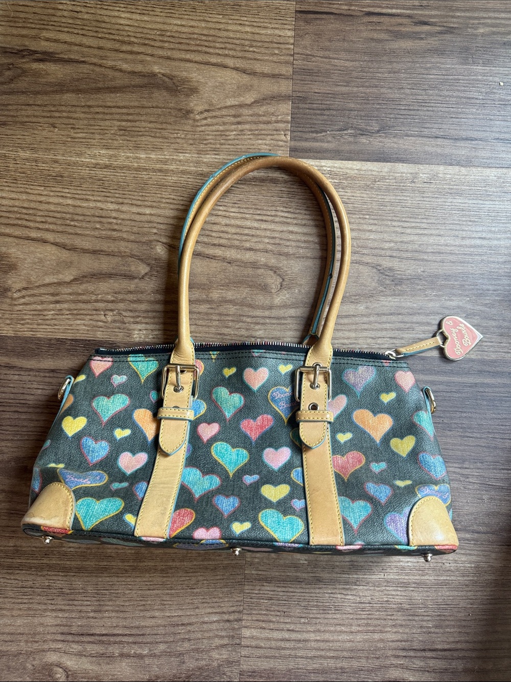 Vintage Dooney & Bourke Crayon Hearts Satchel Y2K Multicolor Heart Handbag